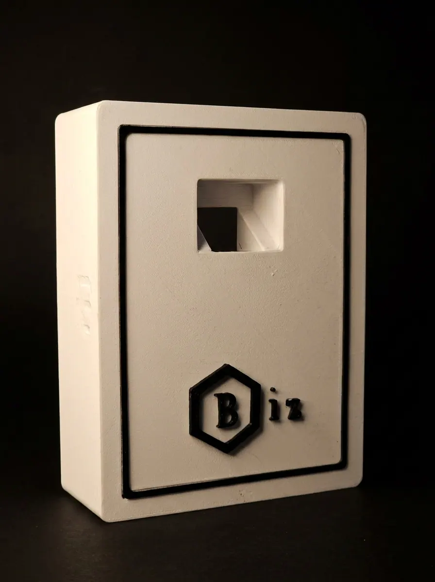 White 3D printed ESP32 fingerprint enclosure with its 'Biz' logo and sensor window