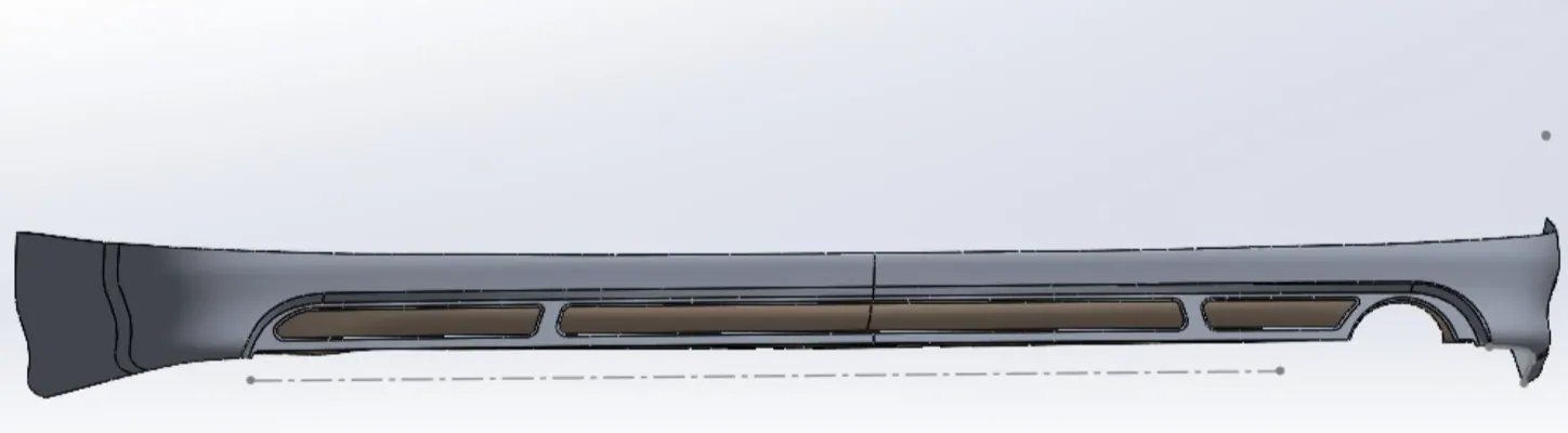 SolidWorks CAD model of a reverse-engineered Toyota Mark X rocker panel trim, shown in profile with its mounting channels