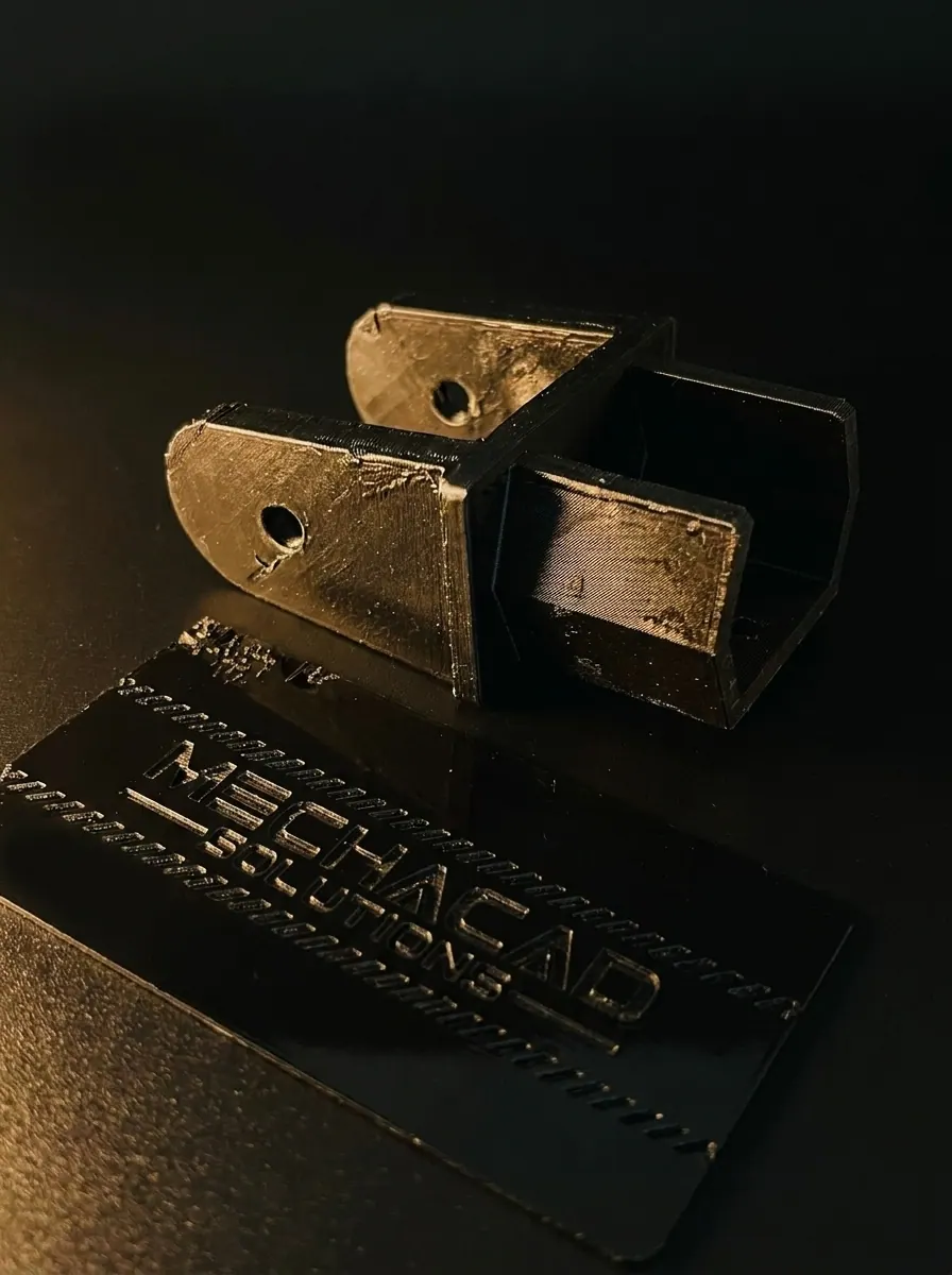 Reverse-engineered telescope tripod bracket 3D printed in black, shown with a MechaCAD card