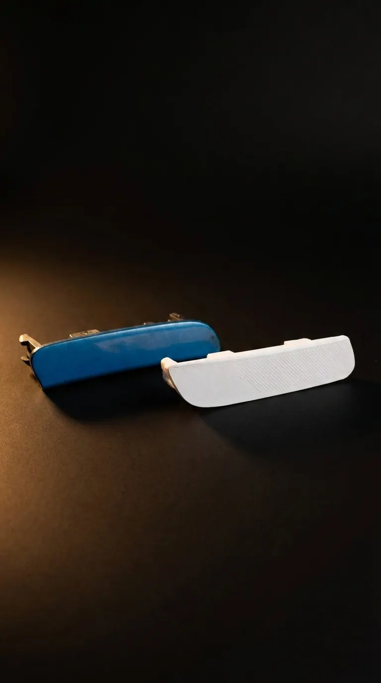 White 3D printed Toyota Yaris tow hook cover beside the original blue cover for comparison