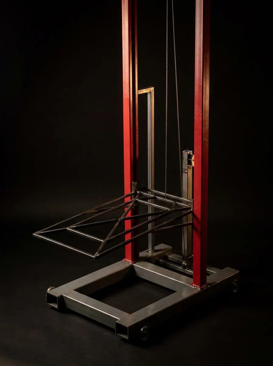 Wheeled 1000kg-rated lifting mechanism designed for university structural testing coursework, shown on its castors